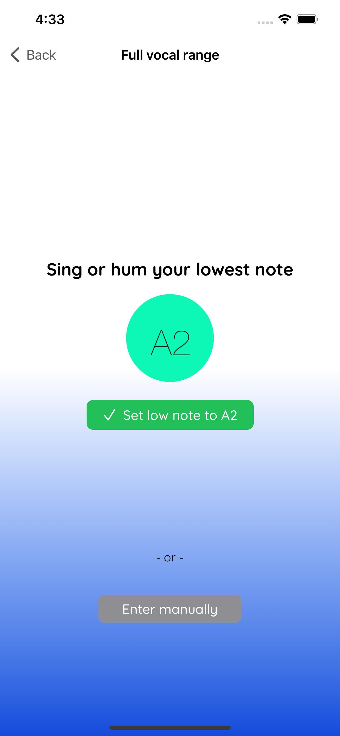 screenshot of Crescendo Voice app vocal placement prompt